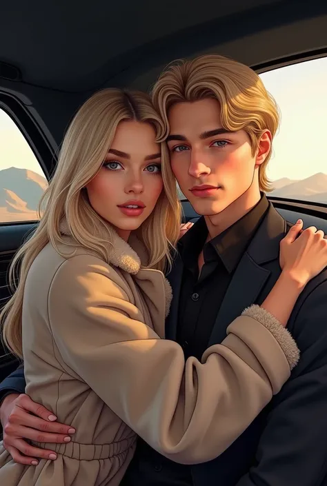 Draw a girl and a guy together in stylish and expensive images (a girl in a fur coat) in the interior of an expensive car (a guy hugs a girl). Right angle, they look at the camera (a girl with light straight and medium-length hair, a guy with blond straigh...