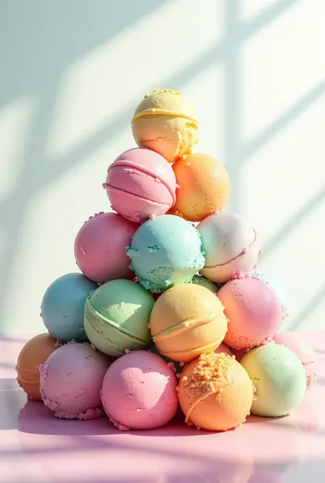 bowl with 20 balls of ice cream ,  piled up in a pyramidal shape ,  with each ball having a different flavor and pastel colors,  with the sun pointing at these , with a white background