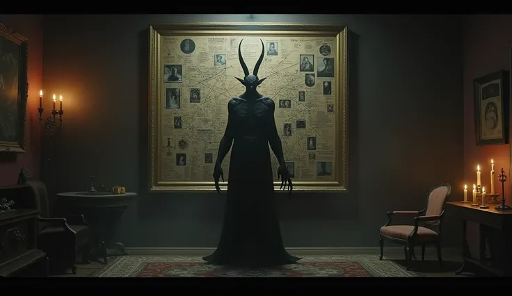 A realistic scene like from a dark movie. A demon stands in front of a painting. The painting has a plan with photos, lines and strategies for manipulating people.