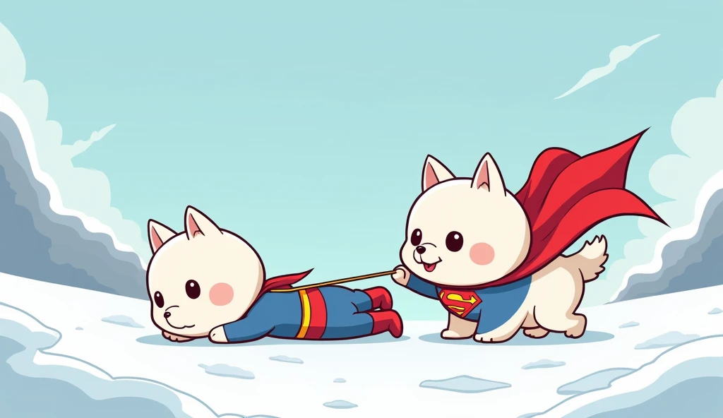  white dog with a red superhero cape (( crypto))  chibi , Pulling the Super Man who is lying down with his mouth , In the Arctic  