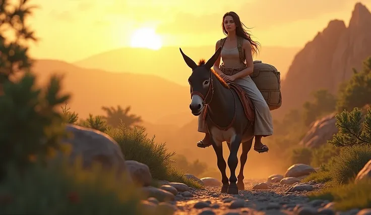 "A breathtaking 3D image of Abigail riding her donkey on a rocky path, carrying supplies for David, her face serene yet resolute, the scenery around her glowing with golden light, symbolizing divine guidance, with lush green hills in the distance."
