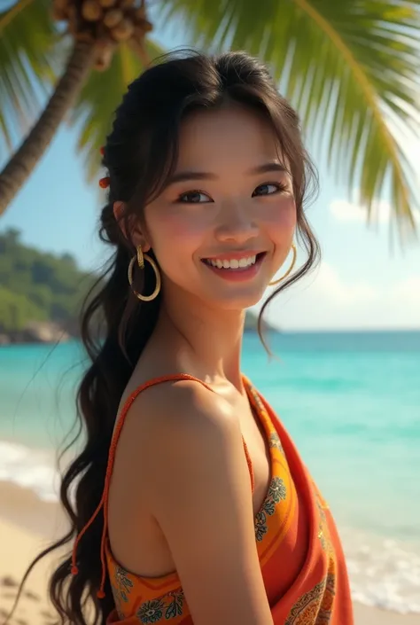 Create a picture of a beautiful woman from Indonesia smiling with a beautiful beach view