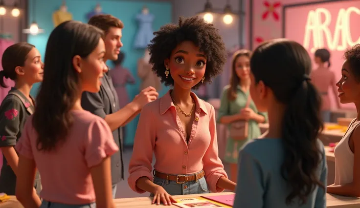 A bustling boutique with customers of all ages admiring Amina’s unique designs. Amina, smiling warmly, assists a young woman while others discuss her work enthusiastically. Designed in Disney-Pixar 3D animation style, the boutique is lively and colorful, c...