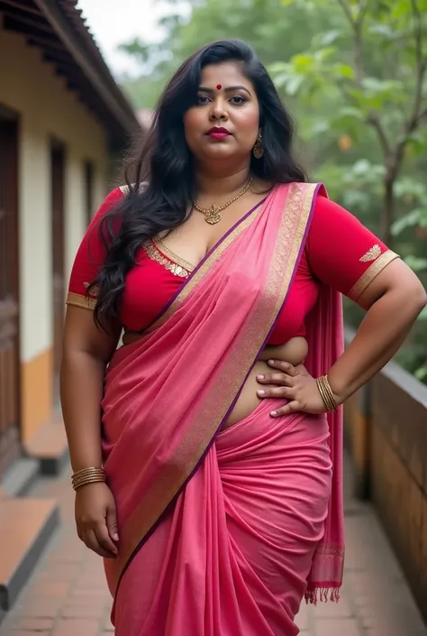 Indian extreme plus size BBW chubby fat busty dark skinned wide woman with dusty face with large breast and large extreme fat curvey figure and wide shoulder and long hair and wearing red deep neck tight fitting blouse with displaying big cleavage and disp...