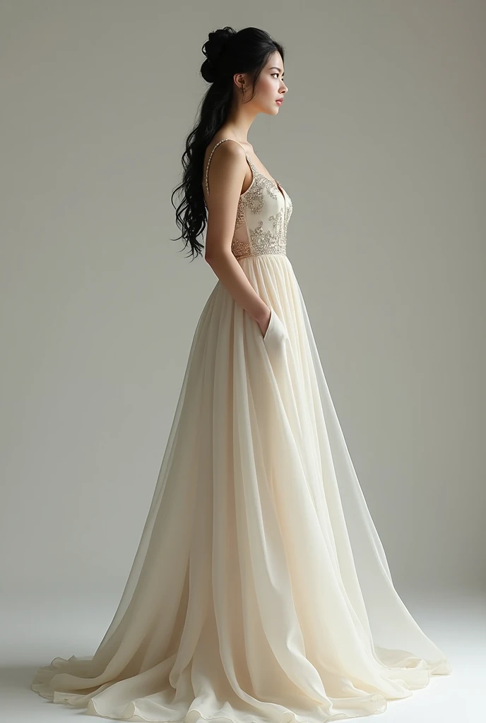 A full black female outfit. The woman is white with long dark hair but an elegant long dress