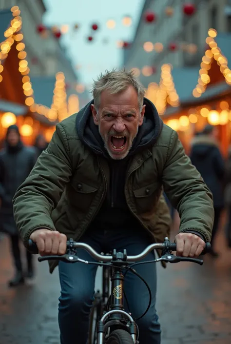 Photo realistic image of a 45 year old guy, blonde short hair, Caucasian. Acting crazy and frantic. Small mustache with gray tones, small beard of 10 days. Gray hairs in his beard. He is driving on a small bicycle over a christmas market. He is trying to h...