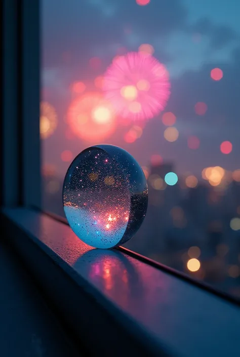 medicated lenses on the edge of a window,  and on the background fireworks in the night sky