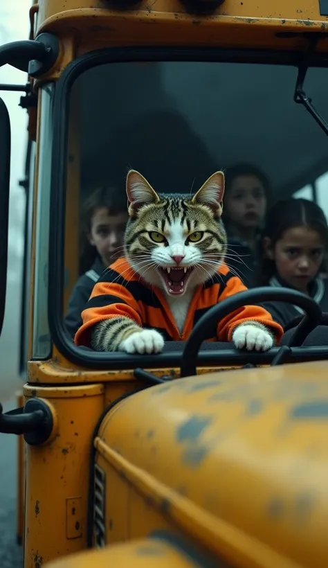 A hyper-realistic image of an anthropomorphic cat driving a school bus. The cat has a human-like body and wears an orange and black striped prisoner uniform. Its face is creepy, resembling a sinister Joker-style appearance, with sharp teeth, exaggerated ma...