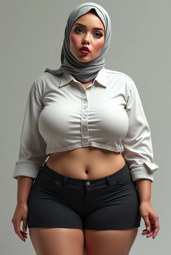 Muslim huge  and huge ass school girl. wearing glasses. open white shirt that shows her cleavage and is super tight. Shirt is unbuttoned all the way and shows stomach. Wearing black tight bloomers. gigantic . humongous . 44G size breasts. Huge lips. Bimbo ...