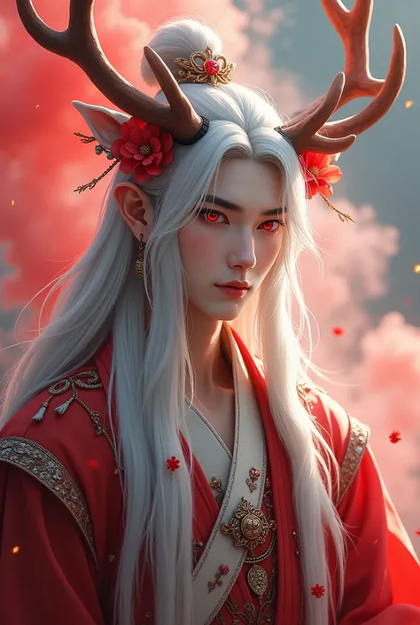 Red eyes, reindeer antlers, long white hair, pale skin, red smoke, tall, man, young man, ancient Asian outfit, a lot of jewelry, korean beauty type, male facial features, flowers in the hair and fringe decorations on the horns