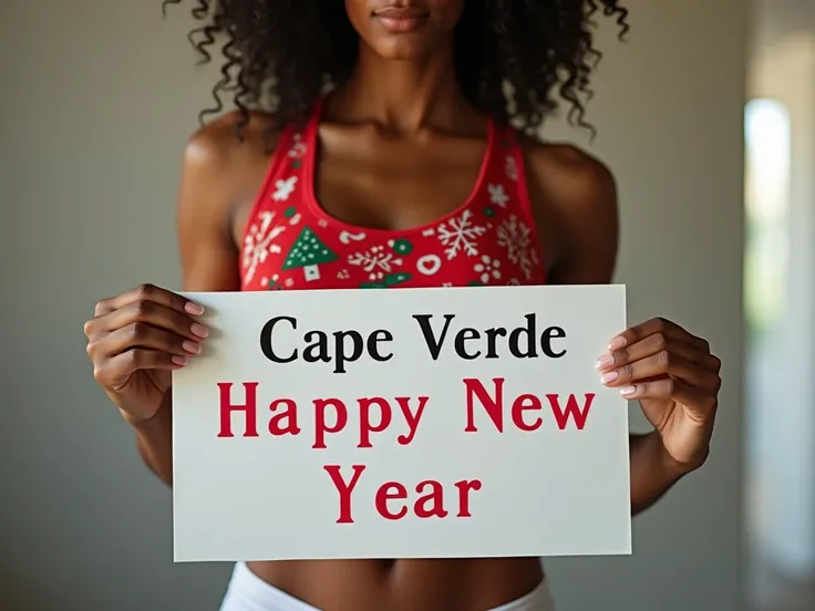  1 woman  ((holding a sign that says "Cape Verde Happy New Year  "  from the upper body、Happinesasterpiece、 maximum quality、 Ultra-detailed, natural、（Brazilian:1.3）、（garota Brazilian:1.4）、(( wearing small white gym clothes, leggings transparentes)) 、Camel ...