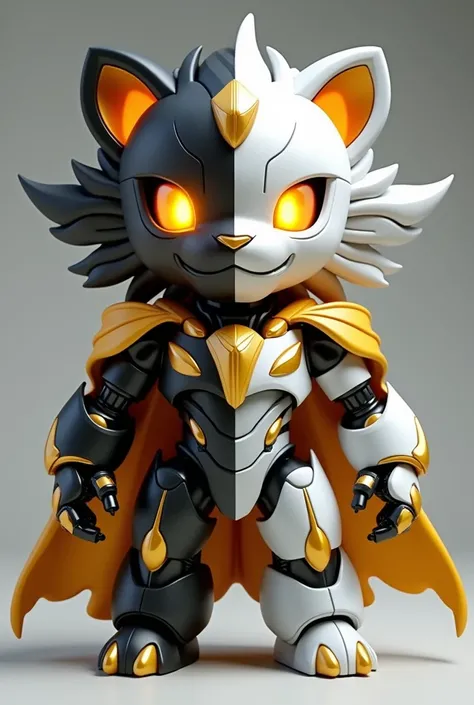  A collectible chibi-style figure of Tharok ,  a robot lion created by titans , with an ultra-realistic and highly detailed design.  Tharok stands in an imposing front posture ,  with his body divided perfectly in half :  one side white and the other black...