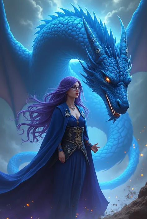 A wizard female blue dragon, purple hair and glasses 