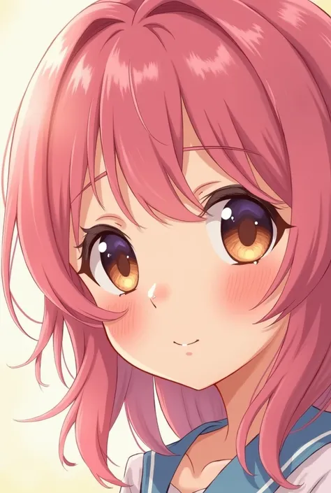 Pink hair brown eyed button nose blushing anime girl