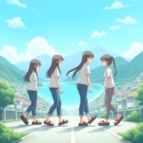 A highly detailed anime-style illustration of a sunny suburban city situated between the sea and forested mountains in modern Japan. The city is overshadowed by four towering, uniquely beautiful, young-looking giantesses with long hair. Each giantess is de...