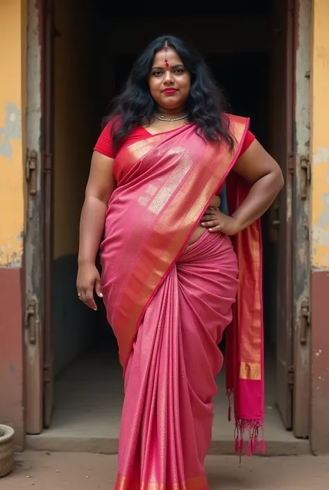 Indian extreme plus size BBW chubby fat busty dark skinned wide woman with dusty face with large breast and large extreme fat curvey figure and wide shoulder and long hair and wearing red deep neck tight fitting blouse with displaying big cleavage and disp...