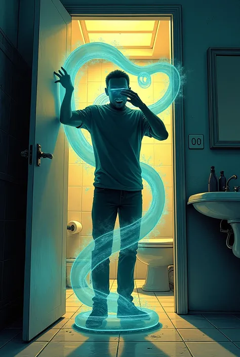 um poster hq comics, SHOWING A TRANSLUCENT SNAKE COMING OUT THE BATHROOM DOOR SWALLOWING THE SILHOUETTE OF ONE THAT IS STANDING COVERING HER EYES . 9:16