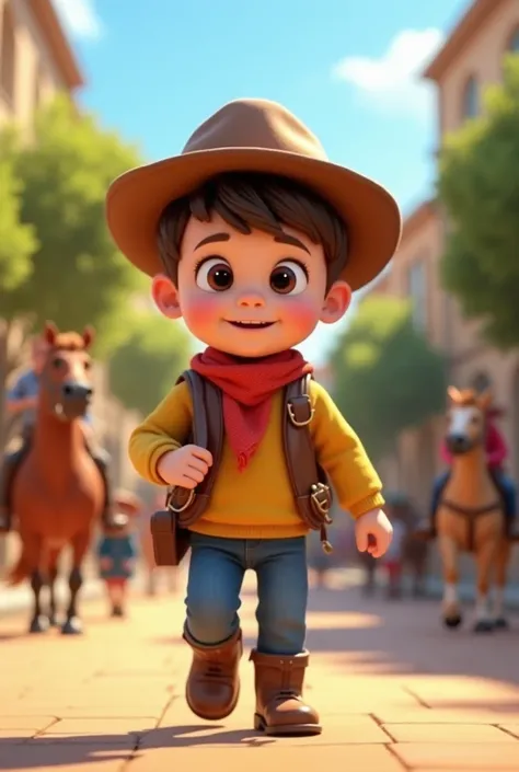  3 Prompts for 3D Cartoon Animations 1. 3D young school boy, coming back from school, wearing school uniform, walking with his friends, fun and enjoying, Pixar 3D style scene 2. A cartoon rendering of a Puppy in a Cowboy look, wearing hat, riding horse, th...