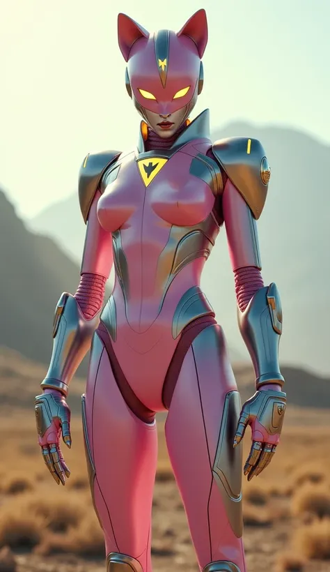 Hyper-realistic full-body cinematic image of a humanoid hybrid robot created from a mix of the Pink Power Ranger and a cute dog. The character features sleek metallic armor in pink and silver, with softly glowing yellow accents. This hybrid incorporates do...