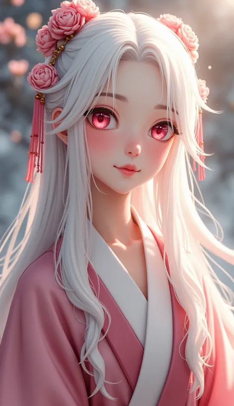 Can you create a young adult female oc with long pure white hair and bright pink eyes with soft fair skin covered in freckles with soft pink lips in a cute beautiful Chinese hanfu in the art style of mo dao zu shi