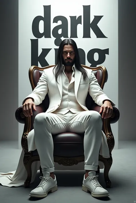 Create a pubg character he suit up a white pent cort his face is clear long hair and smal bread he siting a king chair the backgraund is big letter name the name is DARK&KING