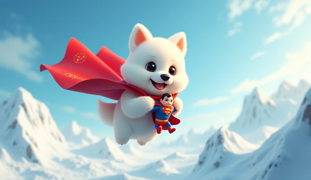 White dog with red superhero cape flying in the arctic sky with Superman in his arms (( crypto))  chibi , In the Arctic  