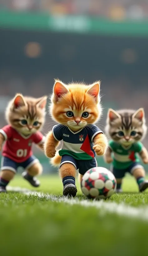 Realistic image of kittens wearing football uniforms with t-shirts depicting the Palestinian flag playing football with an orange kitten wearing a football instructor uniform