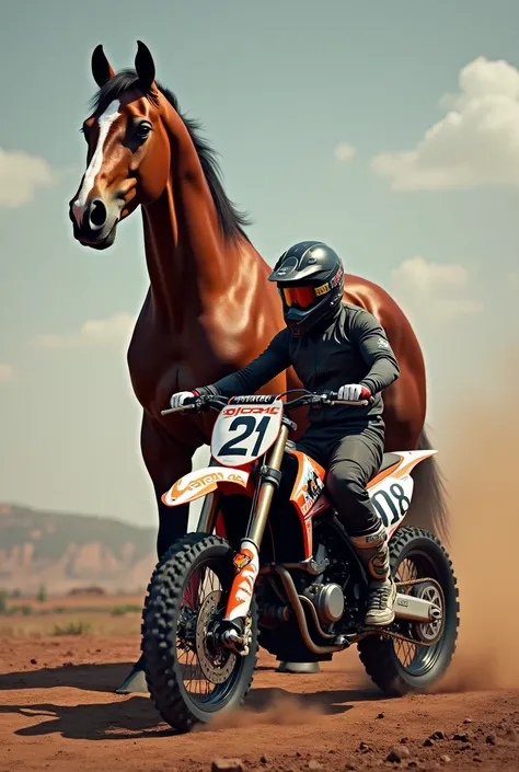  thoroughbred horse ,  in front of a motocross motorcycle , number 21 ,  with pilot , competing 