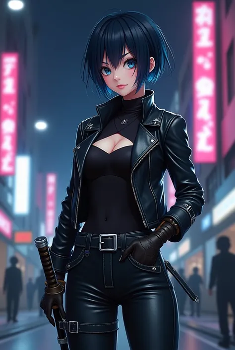   Description of the Enlightenment   (  full body):

  character! : Anime girl style,  short black hair with dark blue dyed tips ,  designed with a modern and bold style . Her hair is slightly disheveled to give it a dynamic and youthful touch. Her eyes ar...