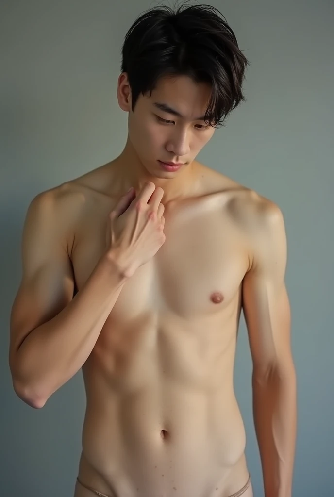 A korean guy naked stripped down with a big penis showing, showing armpit.