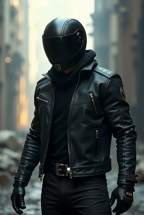 Action character wearing a black motorcycle helmet without glass 