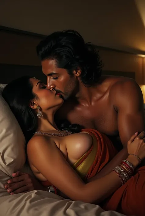 A Busty 45 aged MILF Indian lady with sindoor on her head lying on Bed Wearing Saree on waist and her nude Breasts  Exposed Kissing a  indian boy, Dim light in the room, Realistic image.