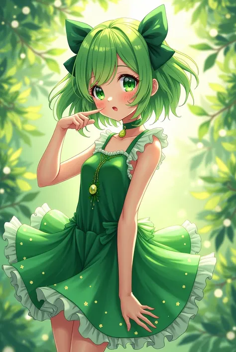 Green themed full body anime girl