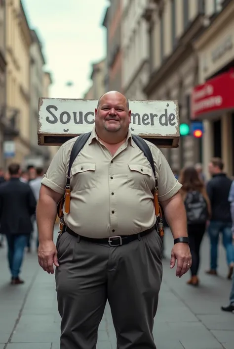 A fat man wears a sign with the German word "on" on seinen Schultern