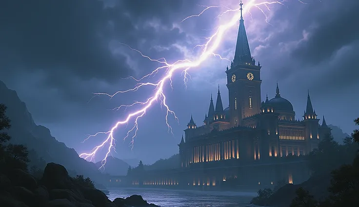 The straight line thunderbolt go  from the sky to a beautiful palace