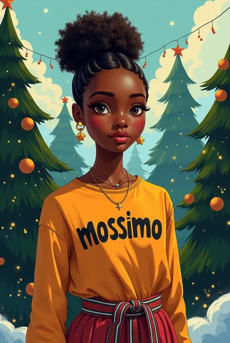  make a picture of an african girl wearing mossimo female shoes,  wearing clothes written mr Mossimo , in the back there are chrismass trees 