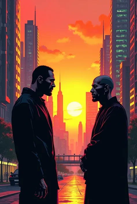 Create a colorful 80s American comic book-style cartoon showing the black silhouette of an adult urban man talking to a bald Tibetan monk, with large smartphone-shaped buildings and a beautiful sunset in the background . 