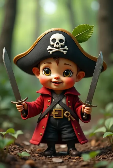 A realistic cinematic image of a baby apple, with a cute, anthropomorphic
 baby, with a cute, anthropomorphic face dressed as a pirate and holding two swords, in a fantasy style. The background shows the forest floor, UHD, 4K. Part 1 of the Series: Create ...