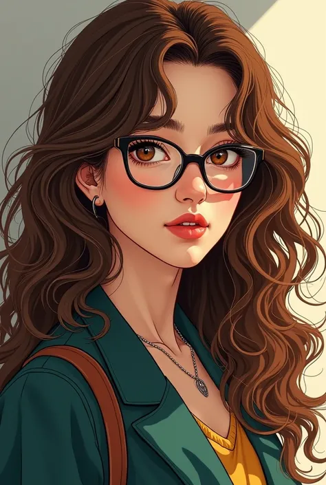 A 25-year-old woman with very long hair, very curly.   , brown eyes ,glasses ,round face, light brown,   full body ,Manhwa 