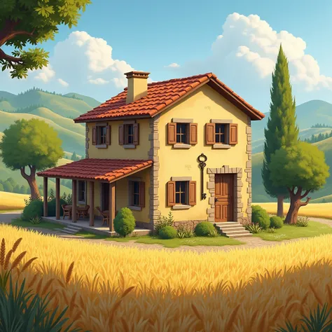 A country house with I want a background for the picture, a background of olive and wheat trees and a key on the walls