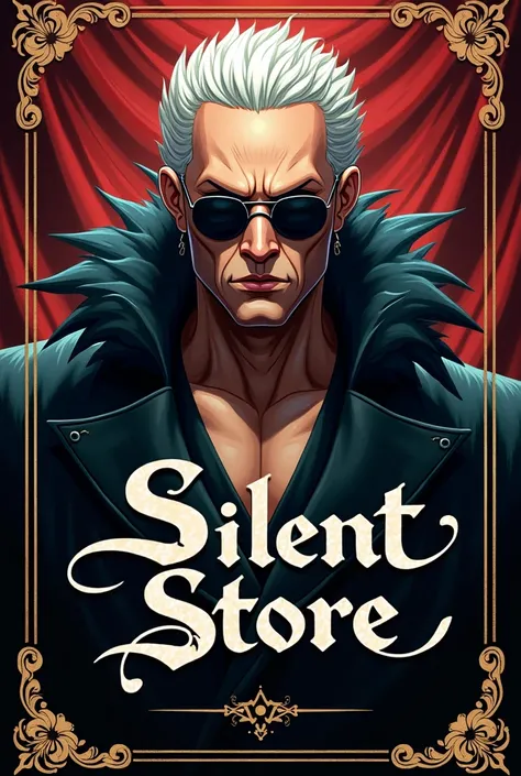 Create a banner with doflamingo in the background and written on the front "silent store" With beautiful handwriting