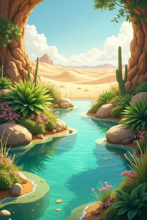 Create an image of a spring in the middle of the desert, Use a soft color palette such as gold , white, blue and green.
