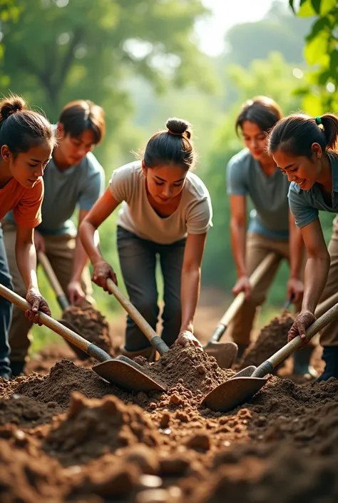 Group of people stirring dirt with organic waste with Shovels 