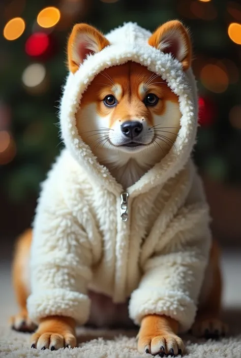 Shiba Inu in a white bear costume, White bear costume with hood, Realistic, 8k, high quality, masterpiece, detailed fur texture, Detailed costume design, Studio Lighting, Realistic lighting, Vibrant colors, Warm lighting, Soft Focus,cat in christmas sweate...