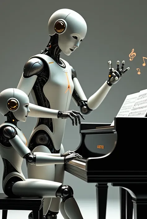 A robot conductor teaching two young robots how to play the piano.