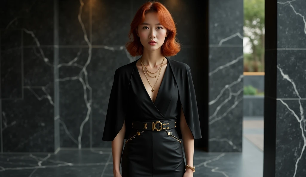 beautiful chic business woman, stately asian woman, mature powerful and confident woman, black form fitting blouse, black pencil skirt, powerful and confident, stately asian woman, modest blouse, deep v, sharp cheekbones, asian woman, stylish, flowing silh...