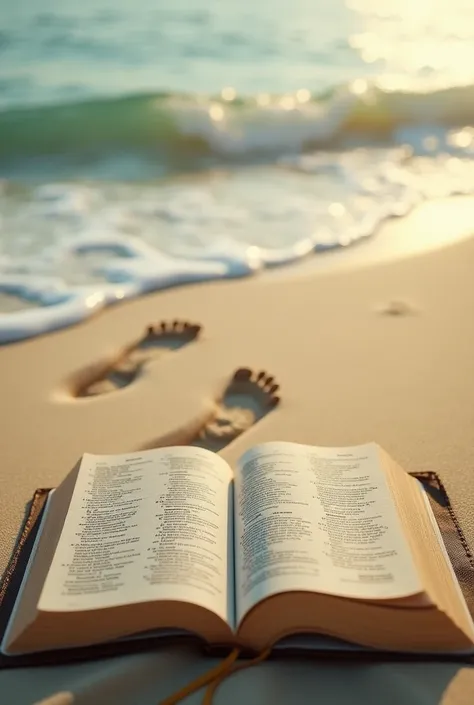 Create an image of footsteps in the sand and an open bible , Use a soft color palette such as gold , white, blue and green.
