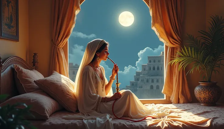 "Une jolie jeune princesse arabe assise sur le lit avec une chicha." La fenêtre est ouverte et la lune éclaire lendroit et limage ressemble à une peinture dans le style de ((Leonardo da Vinci  /  Albrecht Altdorfer )), le style artistique de lépoque de la ...