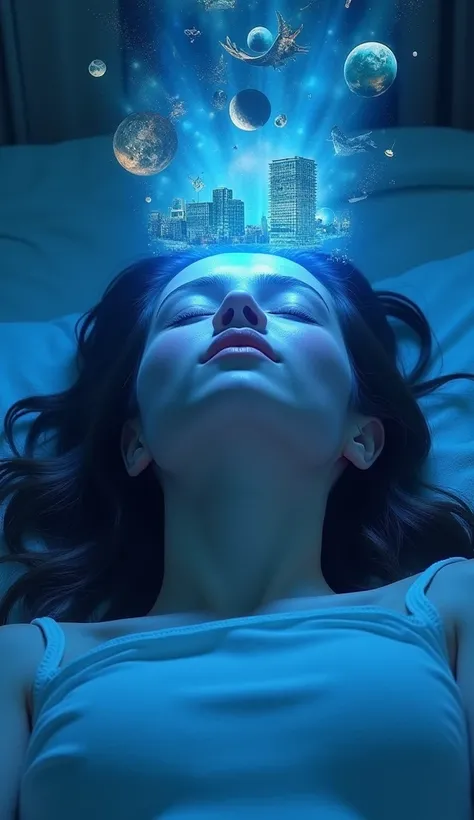  A person with eyes closed , lying down, with a blue aura surrounding your head and scenes of a surreal world floating around you