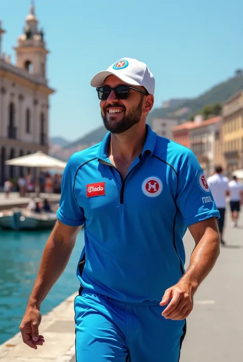 A MAN WHO IS A NAPOLI FAN IN A BLUE NAPOLI JUMPSUIT AND A WHITE NAPOLI CAP WALKING ON THE NAPLES WATERFRONT